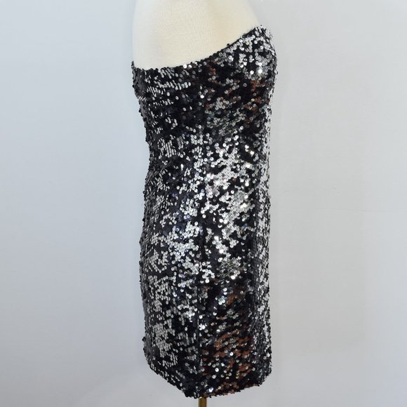 As U Wish Two Way Sequin Strapless Bodycon Evening Cocktail Dress Black Silver M - Picture 6 of 13